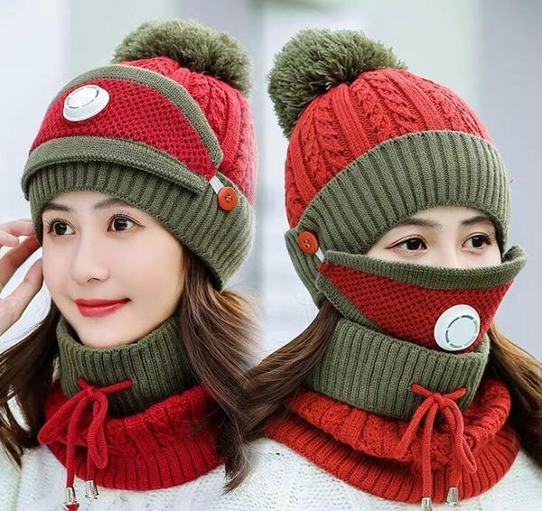 

knitted hats masks scarf set beanies with valve maks scarf winter wool pompon casual hat sets party hats neckerchiefs supplies gwb wmtmrcj