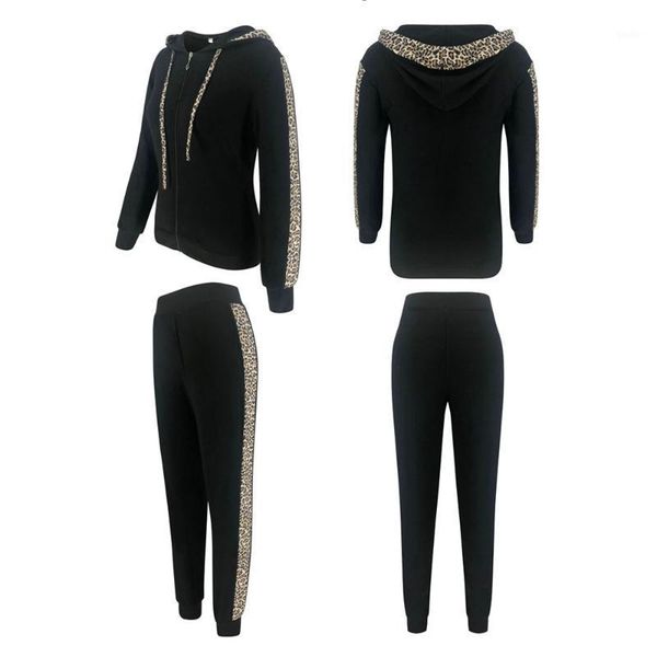 

women's casual set 2 pieces leopard print slim pullover hoodie zipper elastic band pant sport crop1, Black;blue