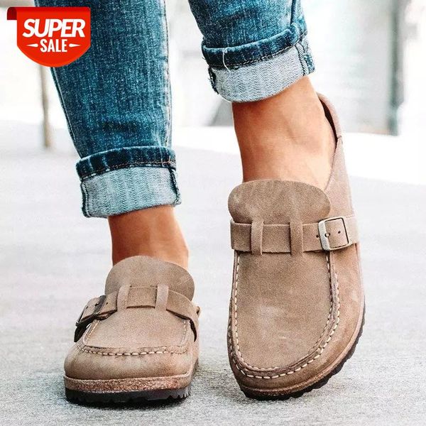 

new women's slip on sandals 2021 summer retro casual comfy leather buckle suede ladies flat shoes soft female flat slipper shoes #ox6q, Black