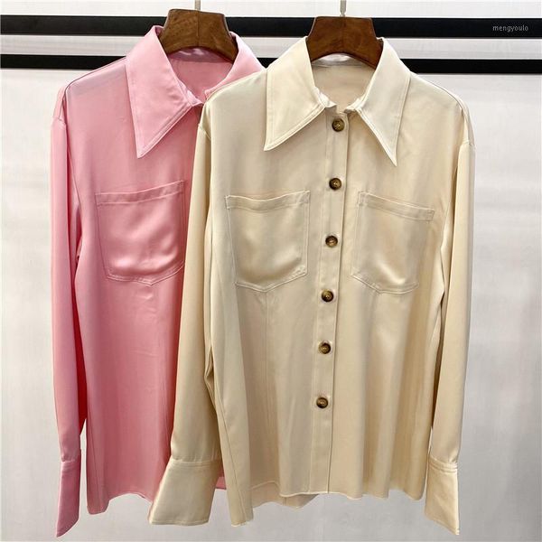 

100% acetate women single breasted shirt double pockets long sleeve loose simple blouse1, White