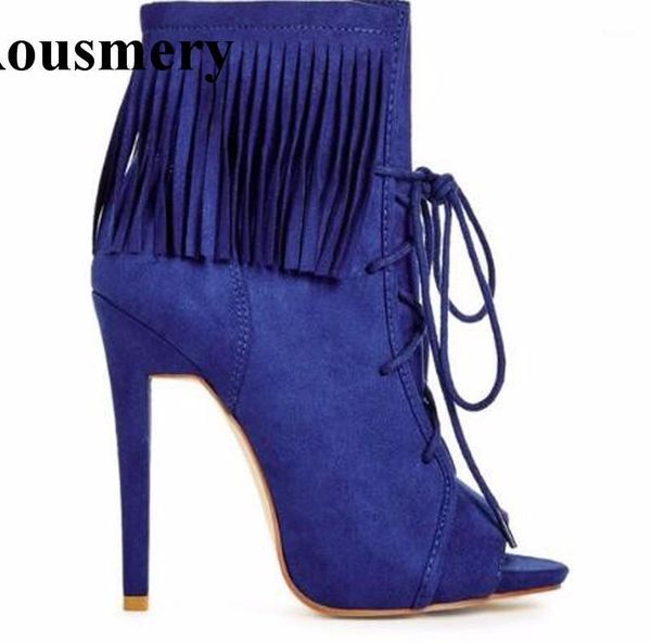 

new fashion women open toe lace-up suede leather ankle tassels gladiator boots cut-out thin heel fringes high heel ankle boots1, Black