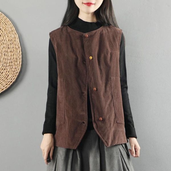 

women's vests women corduroy vintage coats 2021 autumn plate buttons sleeveless pockets solid color warm casual 11860, Black;white