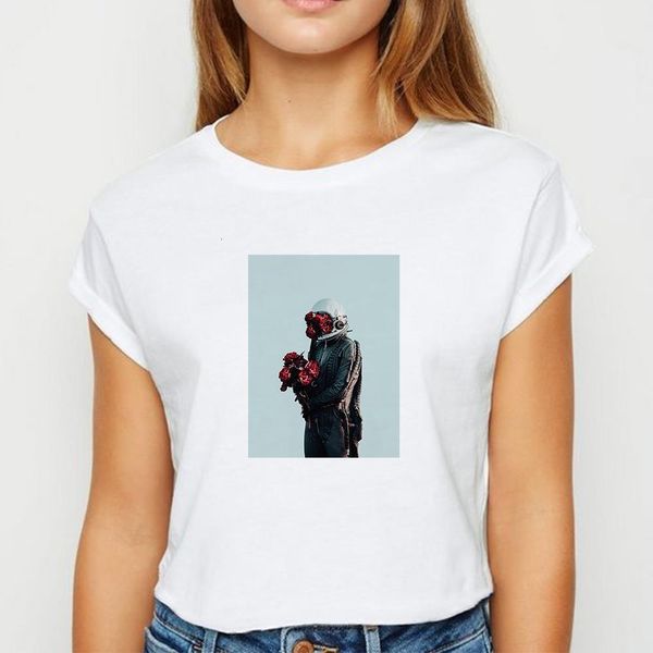 

new t shirt women flower astronaut tshirt loose spring summer tee creative printing design round neck t-shirts, White