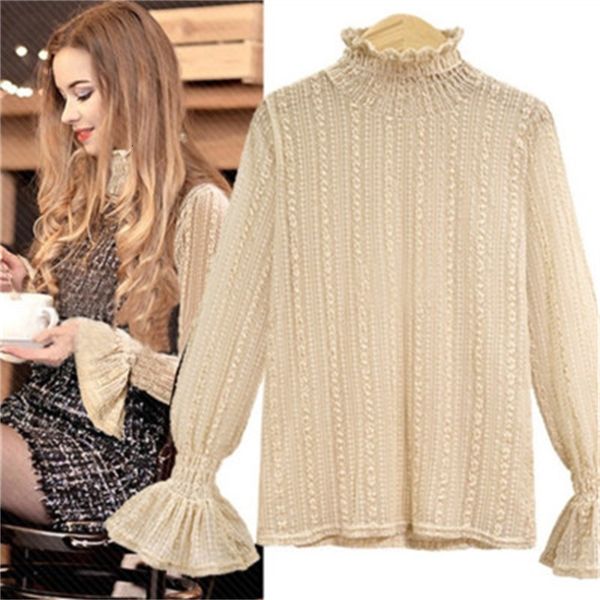 

2021 new lace long sleeve blouse women blusas lady female elegant perspective turtleneck shirt casual streetwear blouses 0tn9, White