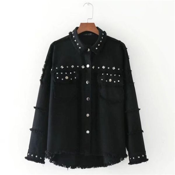 

women autumn rivet denim jacket vintage long sleeve black jeans coat casual female streetwear casaco femininox1016, Black;brown