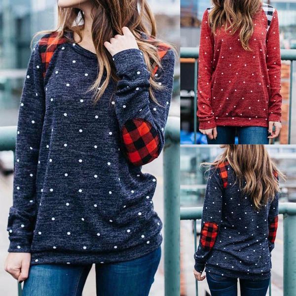 

#50 new clothing ladies women o-neck wave point plaid splicing long sleeves blouses pullover sweatshirt sudadera1, Black