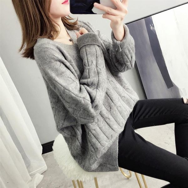 

v-neck sweater loose korean style sweetheart neck knitted wool sweater 2020 autumn and winter new retro twist solid color top, White;black