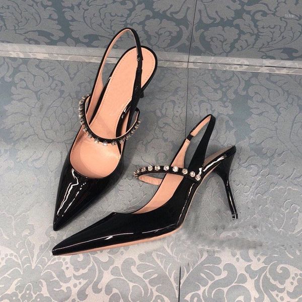 

sandals med heel sandal mules slippers ladies pointed toe crystal buckle outside shoes women casual summer shoes1, Black