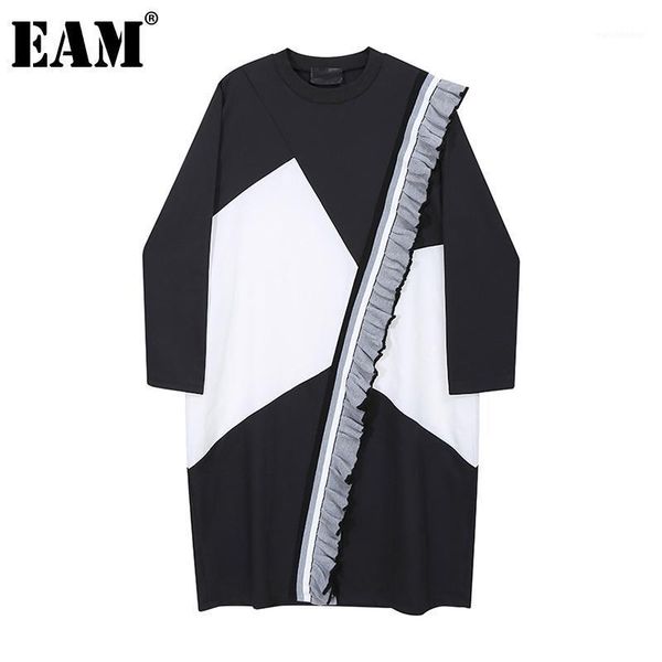 

eam] women black ruffles split big size dress new round neck long sleeve loose fit fashion tide spring autumn 2021 1z5671, Black;gray