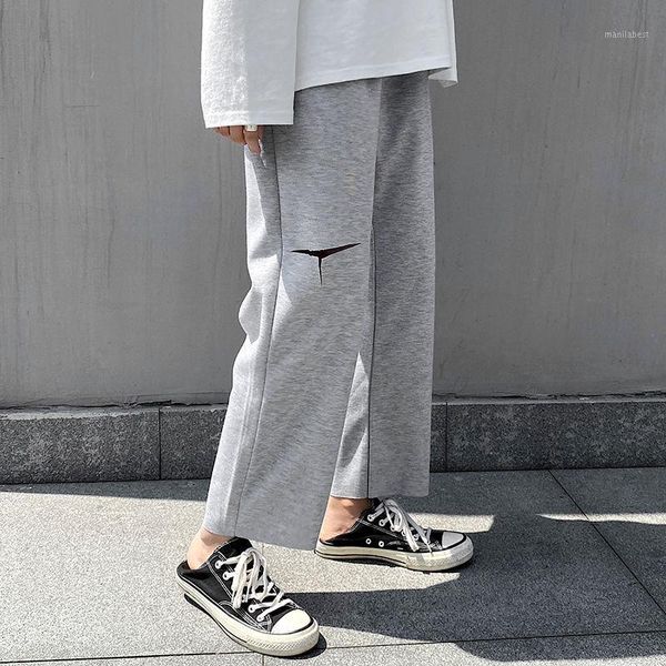 

ripped casual pants men's fashion solid color hole straight pants men streetwear loose joggers sweatpants mens track1, Black
