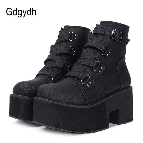 

gdgydh spring autumn ankle boots women platform boots rubber sole buckle black leather pu high heels shoes woman comfortable y200723