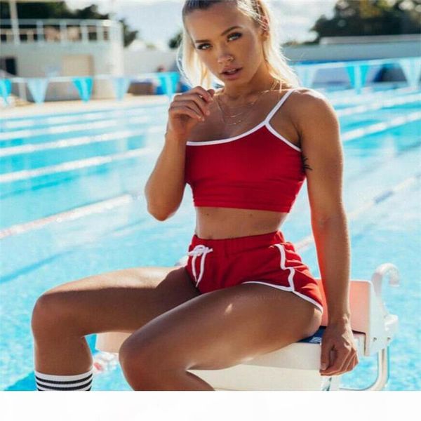 

women 2pcs summer short sets camis crop short set tracksuits yogawear workout sports bra vest shortswear two pieces set suit, White