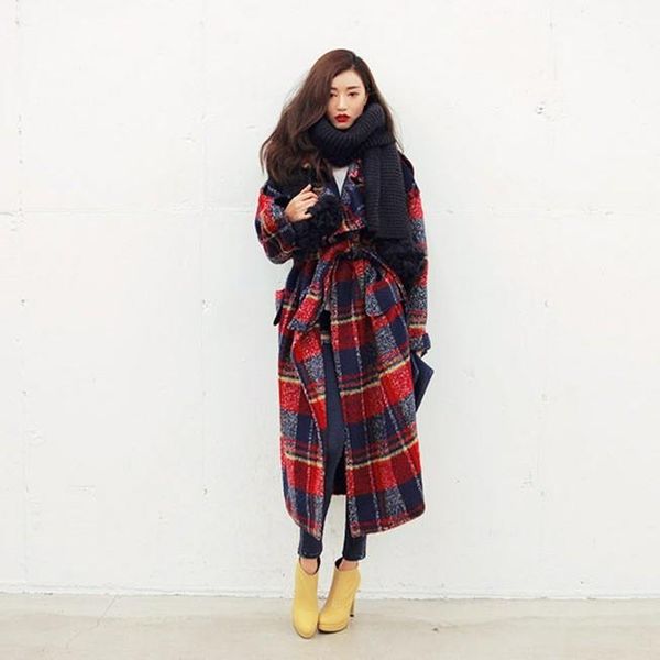 

women's wool & blends 2021 autumn and winter ladies oversized casual plaid loose maxi long coat female jacket, Black