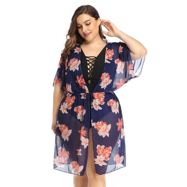 

women's swimwear boho floral women sheer bikini cover-up summer chiffon loose cardigan blouse beachwear oversize, White;black