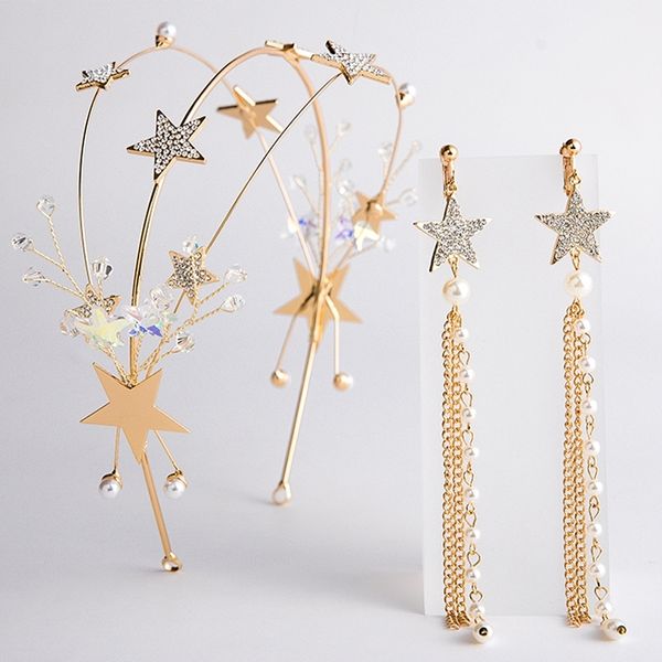 Golden simples coroa com brincos estrelas