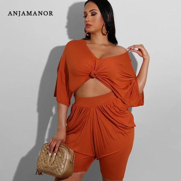 

anjamanor 2020 summer two piece outfits plus size casual loose cozy lounge wear crop and shorts matching sets d59-cc331, White