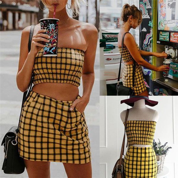 

2018 summer women bodycon two piece set plaid crop + mini plaid skirt set party 2 piece tub mini skirt1, Gray