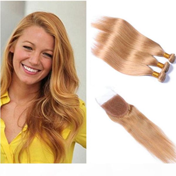 

brazilian human hair straight lace closure with bundles #27 honey blonde 8a human virgin hair 3 bundles with lace closure, Black;brown