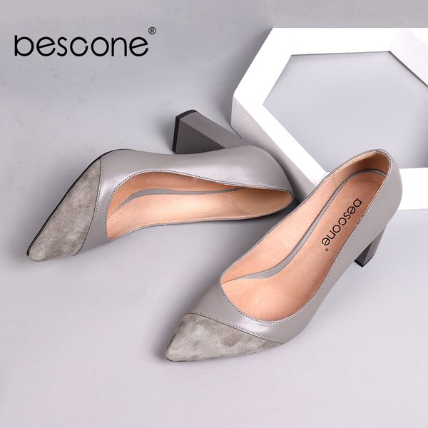 

bescone women pumps fashion genuine leather shallow pointed toe kid suede shoes handmade high square heel ladies shoes bc141 1007, Black;white