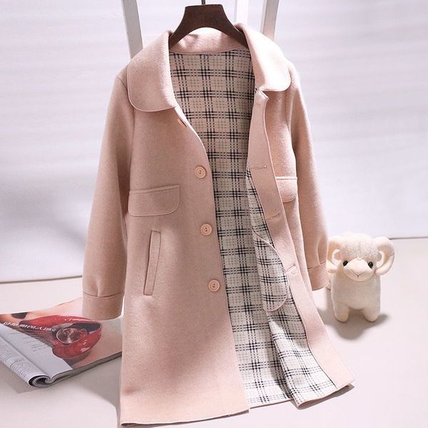 

women's solid color lapel korean slim elegant mid length spring woolen coats female chic wool blend outwear, Black