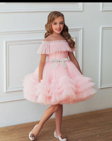 

flower girl dress 2022 pink tutu girls birthday formal party wear gowns child kids pageant dresses first communion baby girl gown bow ruffle, White;blue