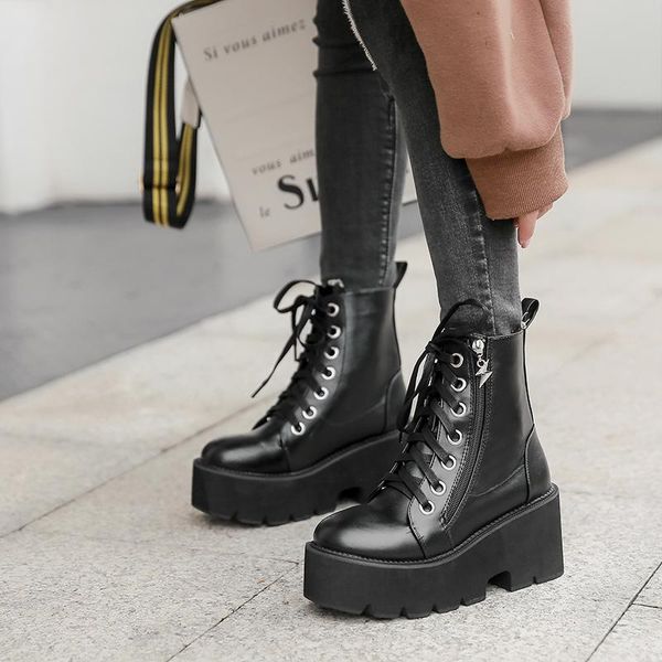 

patent leather gothic black boots women heel chain chunky heel platform boots female punk style ankle zipper