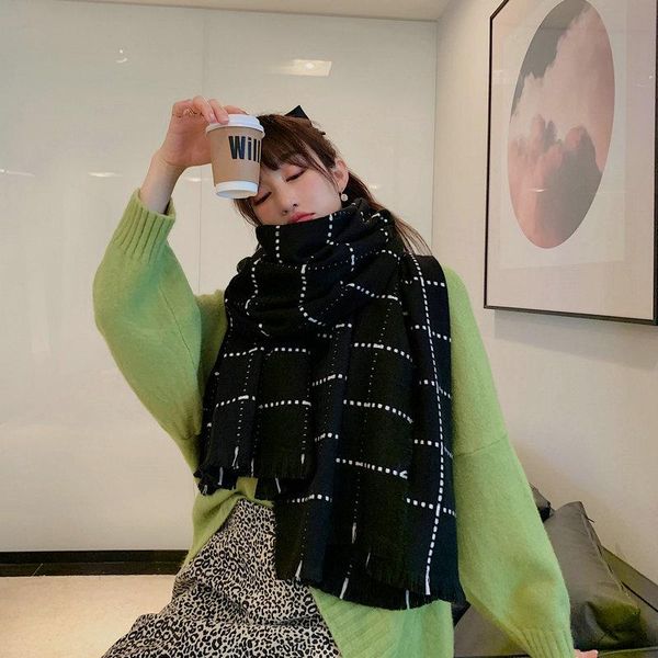 

scarves comfortable thick soft plaid cute tassel scarf warm temperamental fresh simple knit classical elegant shawl, Blue;gray