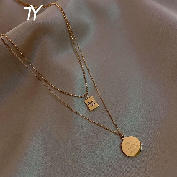 

chokers 2021 classic design goodluck letter square pendant women's necklace fashion titanium steel neck chain double clavicle, Golden;silver