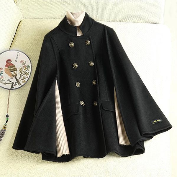 

women's wool & blends cape double face cashmere coat spring 2021 short breasted hepburn fashionable woolen, Black