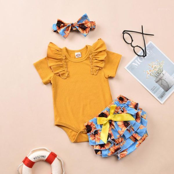 

clothing sets 2021 fashion infant suits baby girls ruffles solid kint romper bodysuit+floral print bow shorts outfits 3pcs kids clothes1, White
