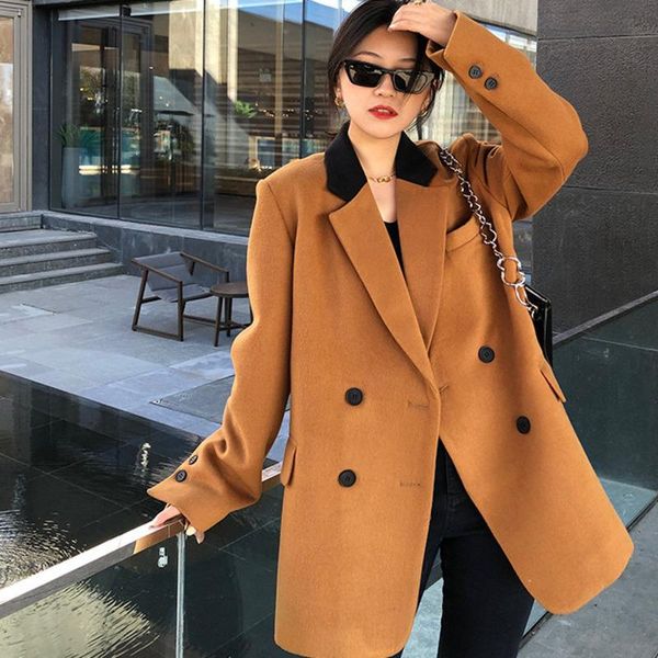 

women's suits & blazers [ewq] autumn and winter female round neck turn-down collar double breasted loose minimalist cotton heavy suit 8, White;black