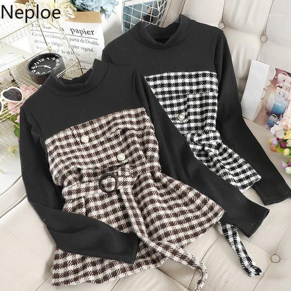 

neploe plaid fake two piece women sweater korean half turtleneck buttons sashes pullover casual full sleeve female 803511, White;black