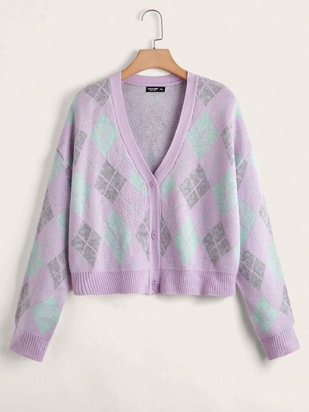 

plus argyle pattern drop shoulder cardigan s1jt#, Black