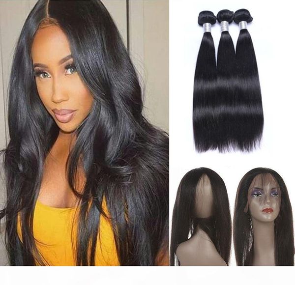 

pre plucked 360 lace frontal with brazilian straight virgin human hair with baby hair 4pcs lot unprocessed, Black;brown