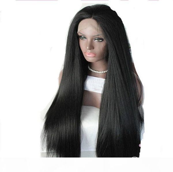 

synthetic lace front wig straight yaki side part silky heat resistant natural hairline black women's lace front l part monofilament