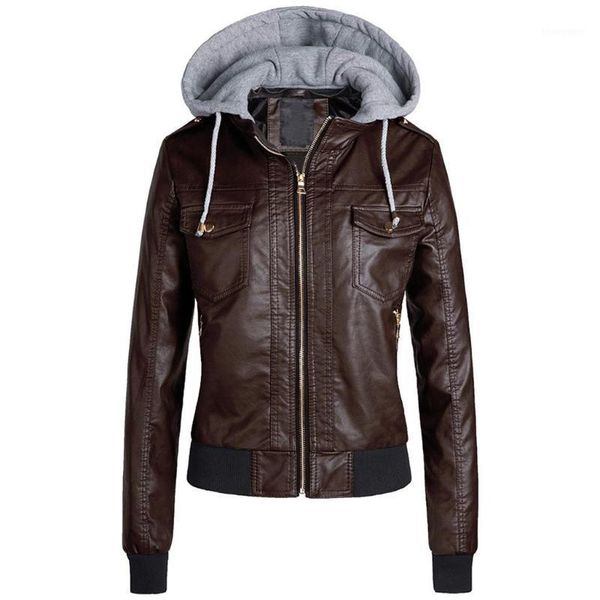 

women's jackets 2021 fashion slim type women autumn and winter jacket hooded detachable zipper short leather z7251, Black;brown