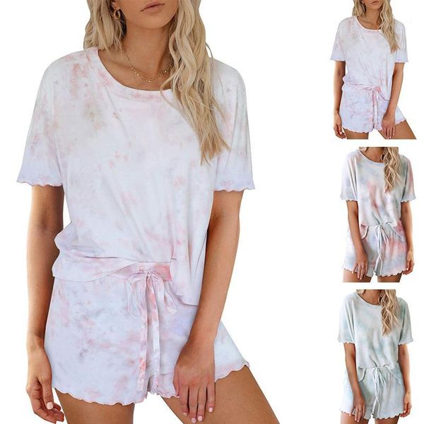 

fashion women's tie dyeing print lace up short sleeve t shirts elastic waist shorts pajamas set nightwear lounge sleepwear set1, Black;red