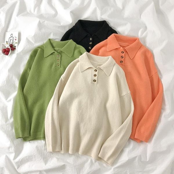 

women's sweaters harujuku knitted pullover for women casual turn down collar long sleeve female sweater elegant green/beige jumper autu, White;black