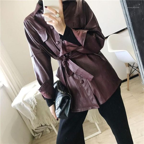 

women's leather & faux autumn loose adjustable waist jacket women pocket belts pu jaquetas couro temale py391, Black