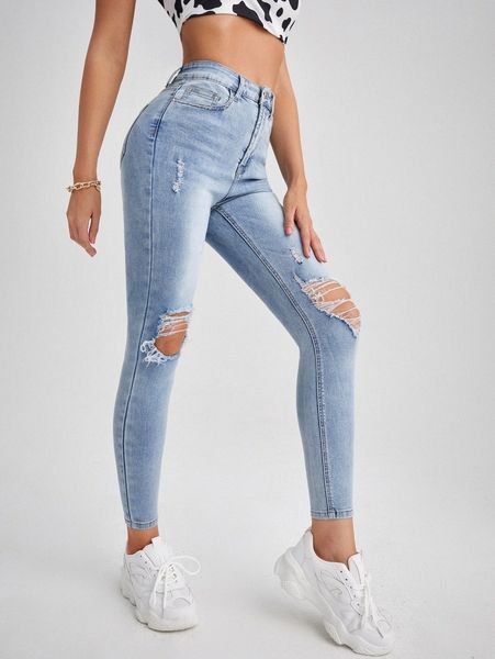 

ripped washed crop skinny jeans k4x8#, Blue