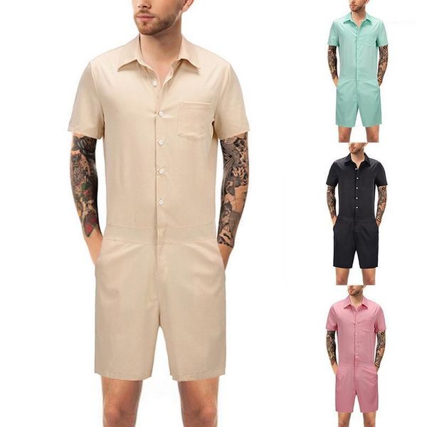 

short sleeve hawaiian shirt jumpsuit overalls fashion men summer casual one piece home knee length shorts jumpsuits shirt1, White;black