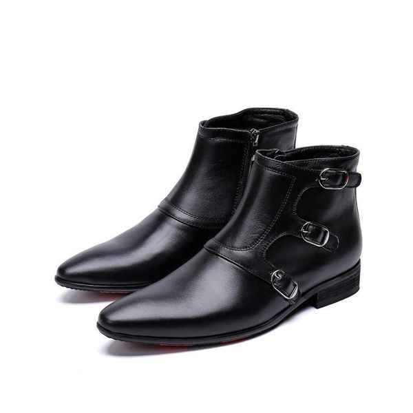 

boots men's high cow leather shoes short set coturno pure foot formal business pointed toe ankle genuine rubber zip, Black