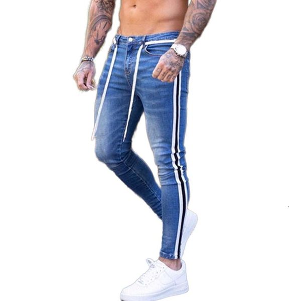 

europe america 2021 men's brim new elastic style shredded vertical stripe pencil fashion pants denim kbav, Blue