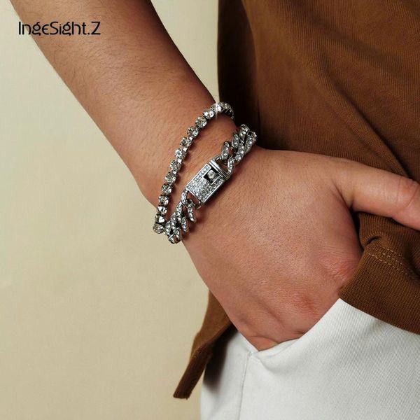 

charm bracelets 2pcs/set hip hop full iced out rhinestone miami curb cuban bracelet bangles luxury crystal chain women wrist jewelry, Golden;silver