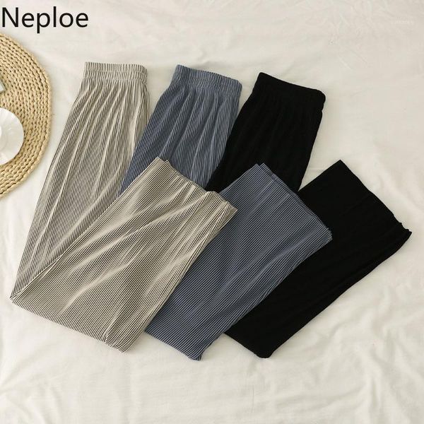 

neploe 2020 summer new ice silk wide leg pants stretch high waist women trousers korean pleated causal long pants femme 4d1411, Black;white