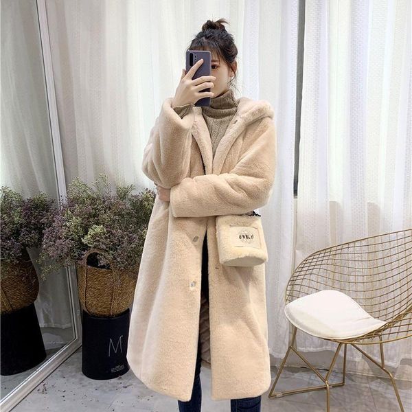 

2021 women winter solid hooded faux rex fur coats ladies thick warm fake jackets female loose long overcoat m71, Black