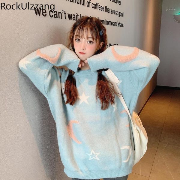 

korean women long sleeve fall winter pullover sweater knit fashion aesthetic vintage cute moon star cartoon loose sweet pull1, White;black