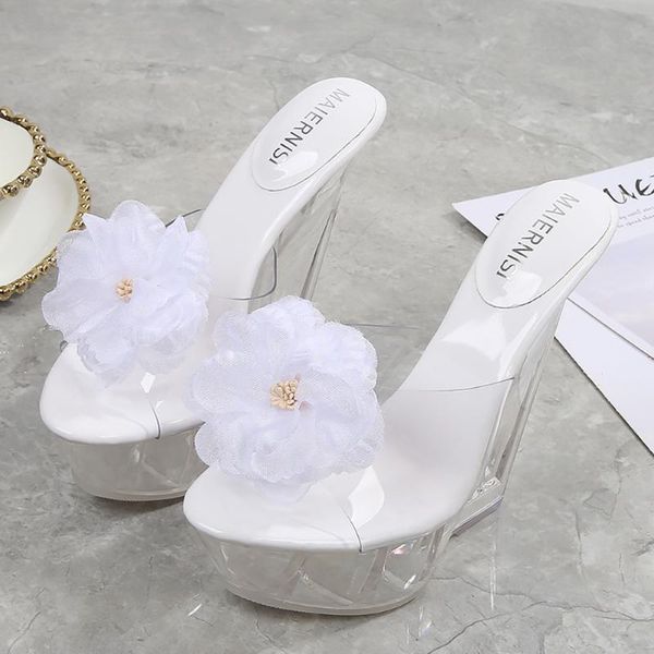 

sandals sweet flowers open-toe clear pumps models catwalk party ladies high heel shoes transparent crystal platform wedge women, Black