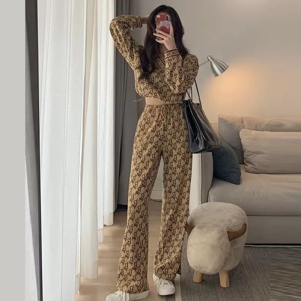 

fashion luxury womens two piece set designer jacquard autumn winter drawstring knit sweater v neck pullover + pants suit, White;black