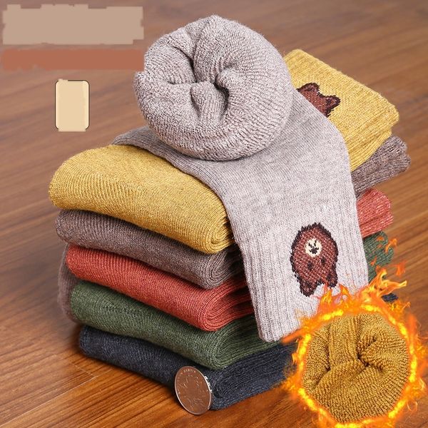 

women's winter terry solid color cotton plush plush tube warm warm medium medium bear socks autumn and winter towel socks zags6, Black